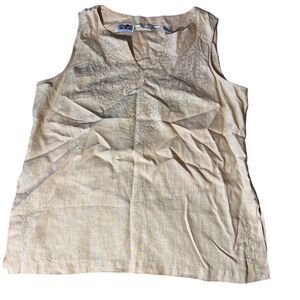 Nikki Valenti Irish Linen Top Pants Set Womens Sz. 16 Embroidered Tan Lagenlook